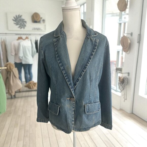 BILL BLASS Petite Denim Blazer Jacket Size Petite Large - Picture 1 of 7